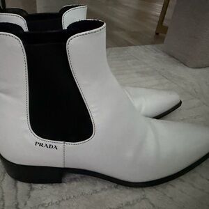 Prada women’s Black and White Leather Ankle Boots